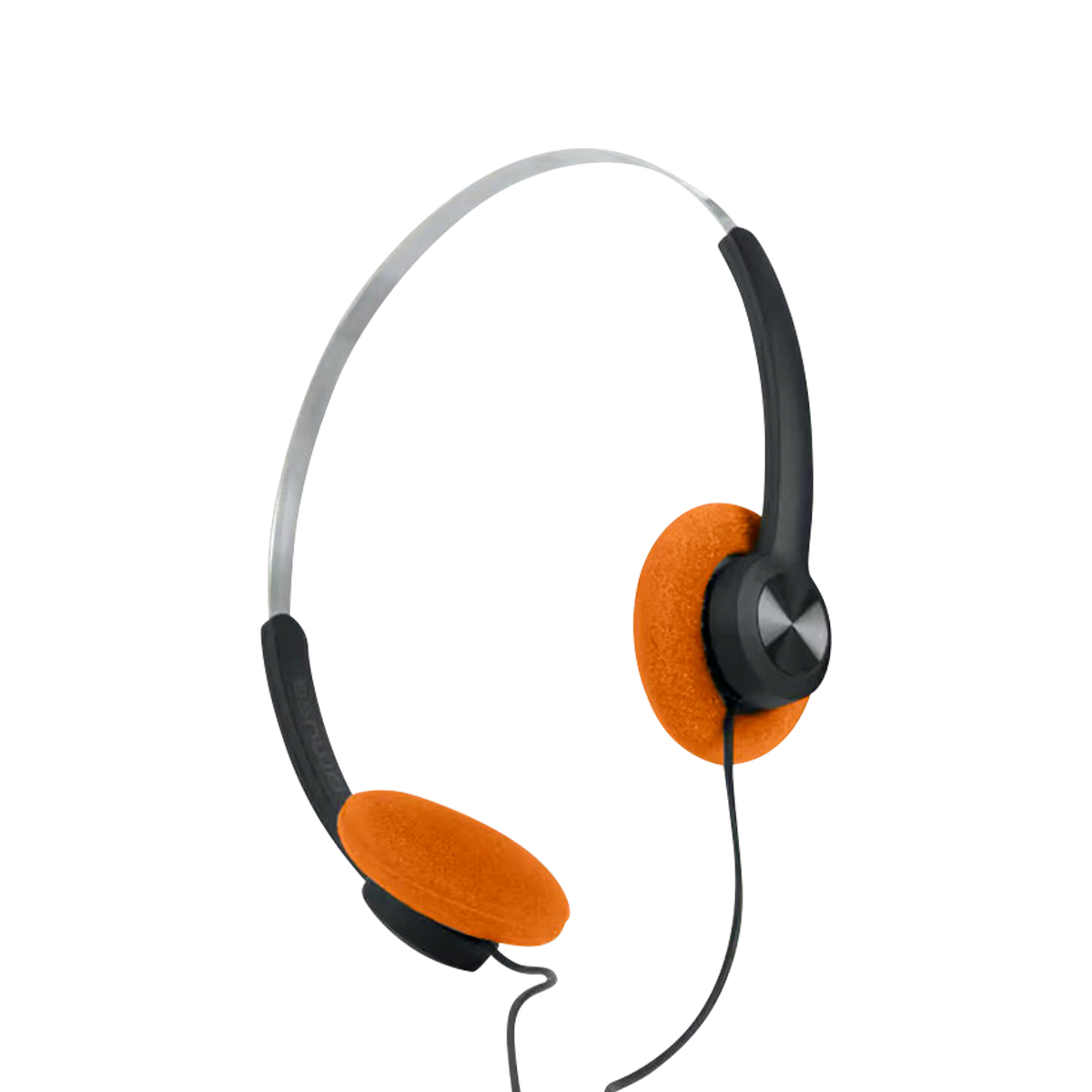 Leichte Kopfhörer mit silbernem Bügel, schwarzen Akzenten und leuchtend orangen Schaumstoffpolstern.