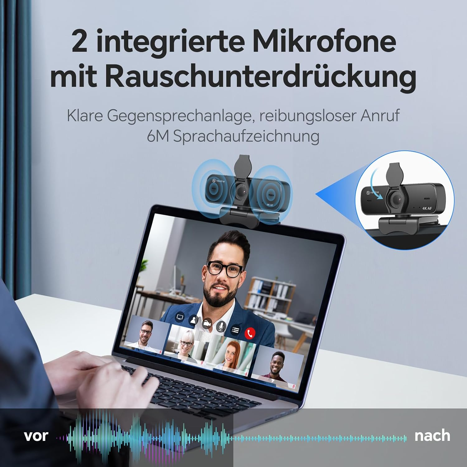 Ein Laptop zeigt einen Videoanruf mit Webcam oben, Schallwellen-Symbolen und deutschem Werbetext.