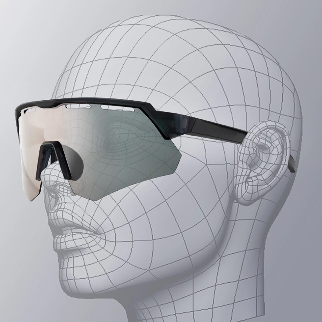 Modello wireframe di una testa umana che indossa occhiali da sole sportivi moderni.