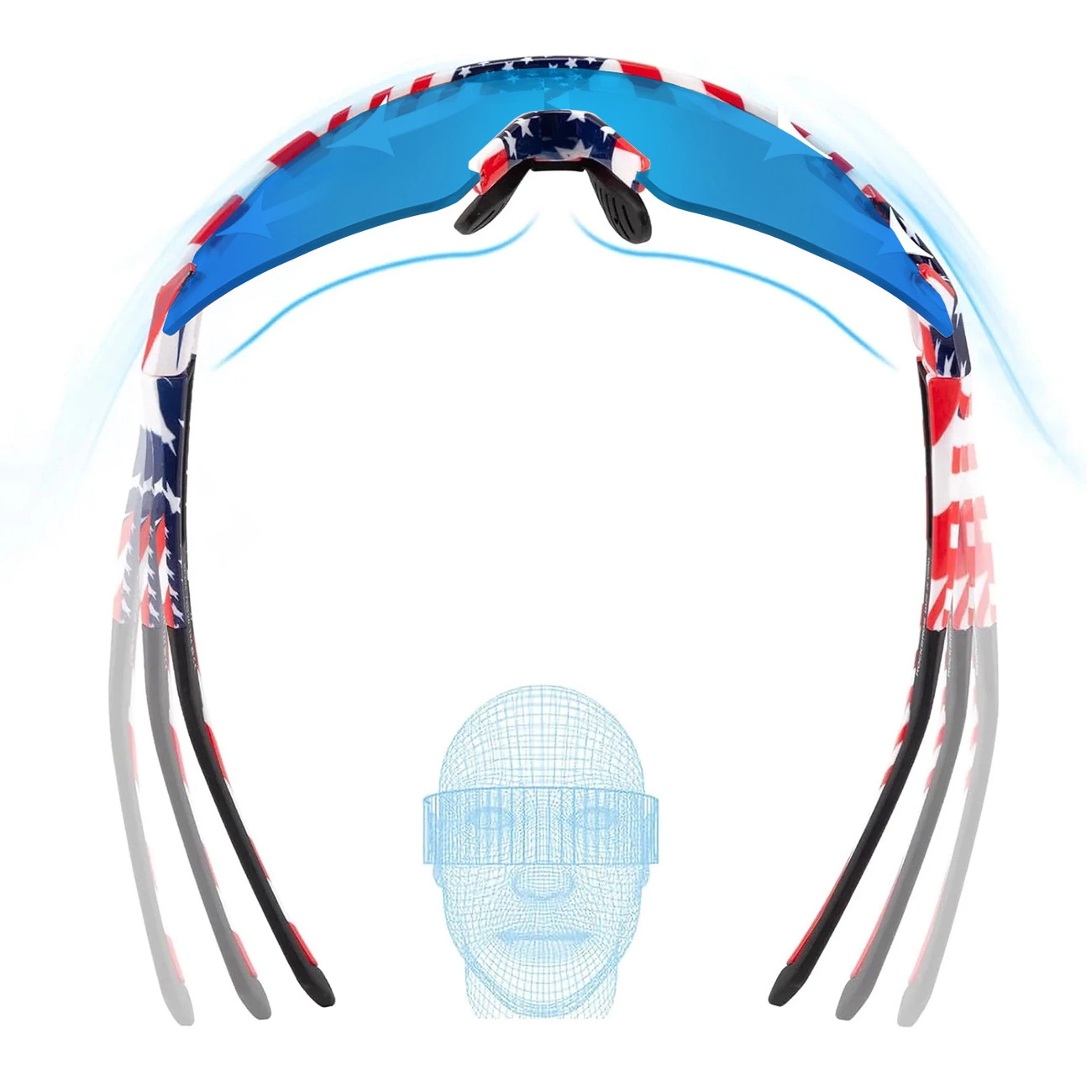 Occhiali da sole sportivi con bandiera USA, lenti blu e linee di flusso sopra una testa in wireframe.