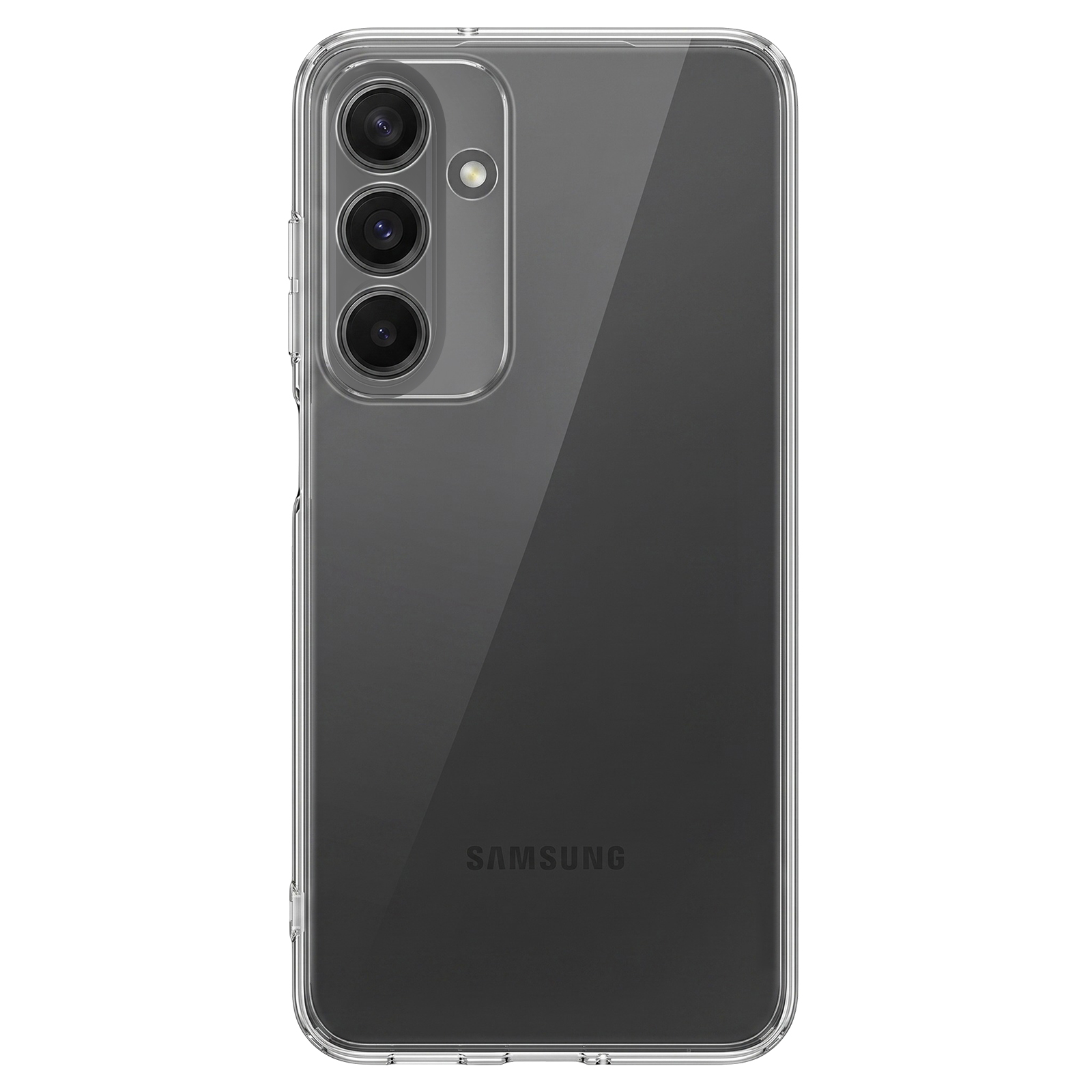 Rückseite eines Samsung-Smartphones in einer transparenten Schutzhülle mit drei vertikalen Kameras.