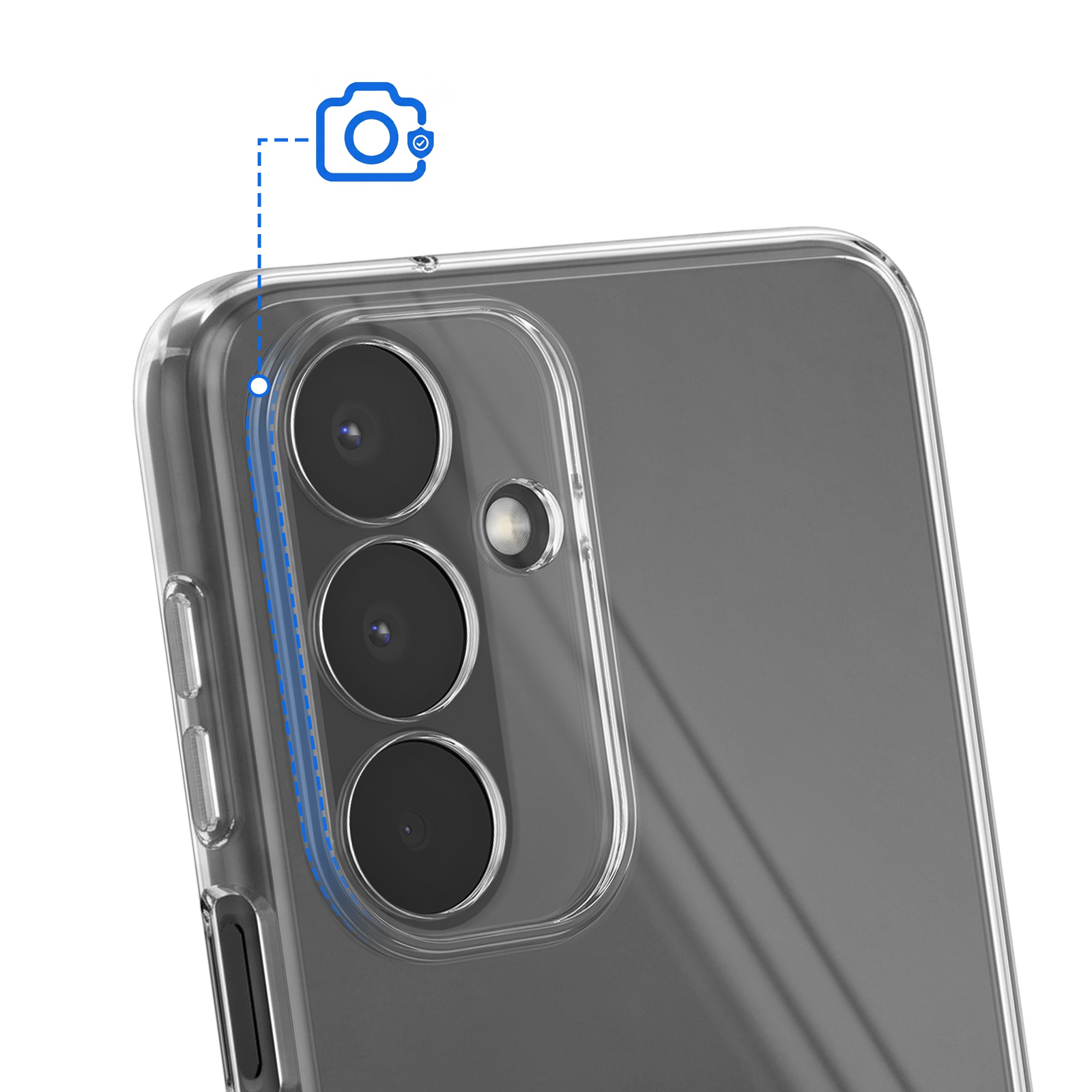 Rückseite eines Smartphones in einer transparenten Schutzhülle mit einer dreifachen Kamera.