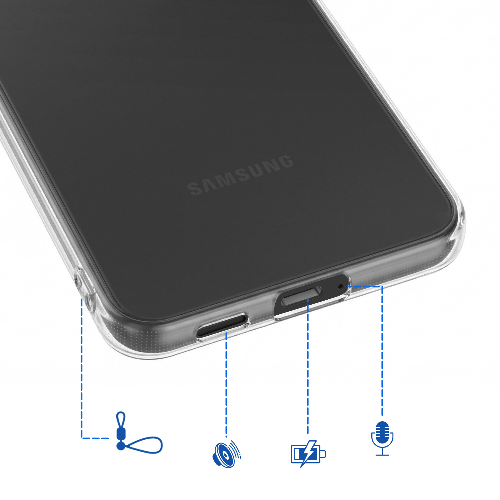Unterseite eines Samsung-Smartphones mit klarem Schutzcase und blauen Funktionssymbolen.