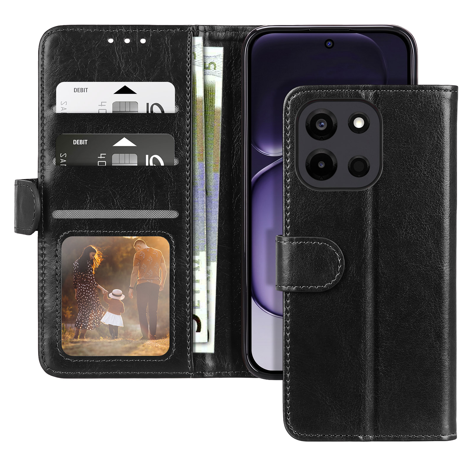 Eine schwarze Smartphone-Brieftasche aus Leder mit Karten, Bargeld und einem Familienfoto.