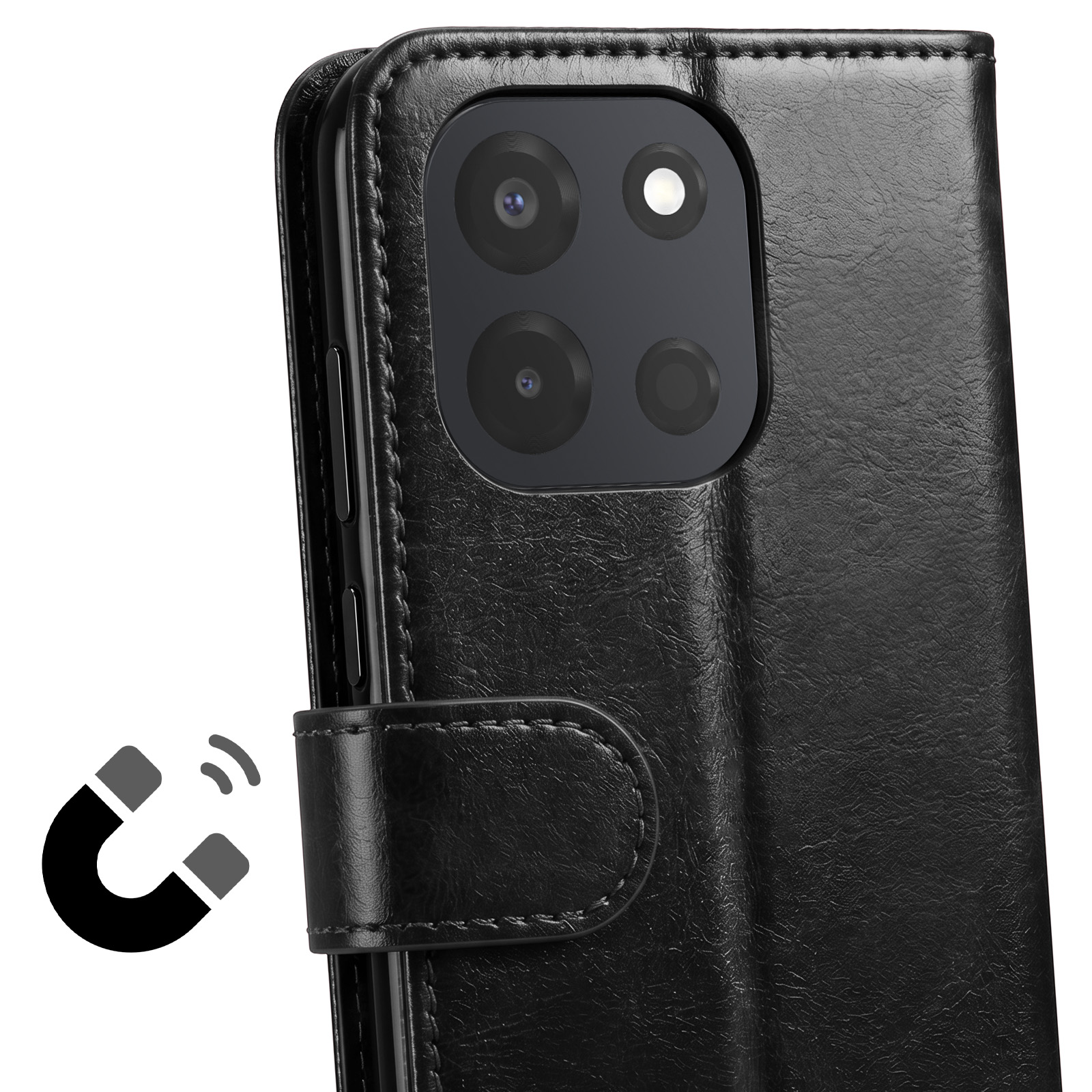 Schwarze Leder-Handy-Flip-Hülle mit Kameraausschnitt und Magnetverschluss.