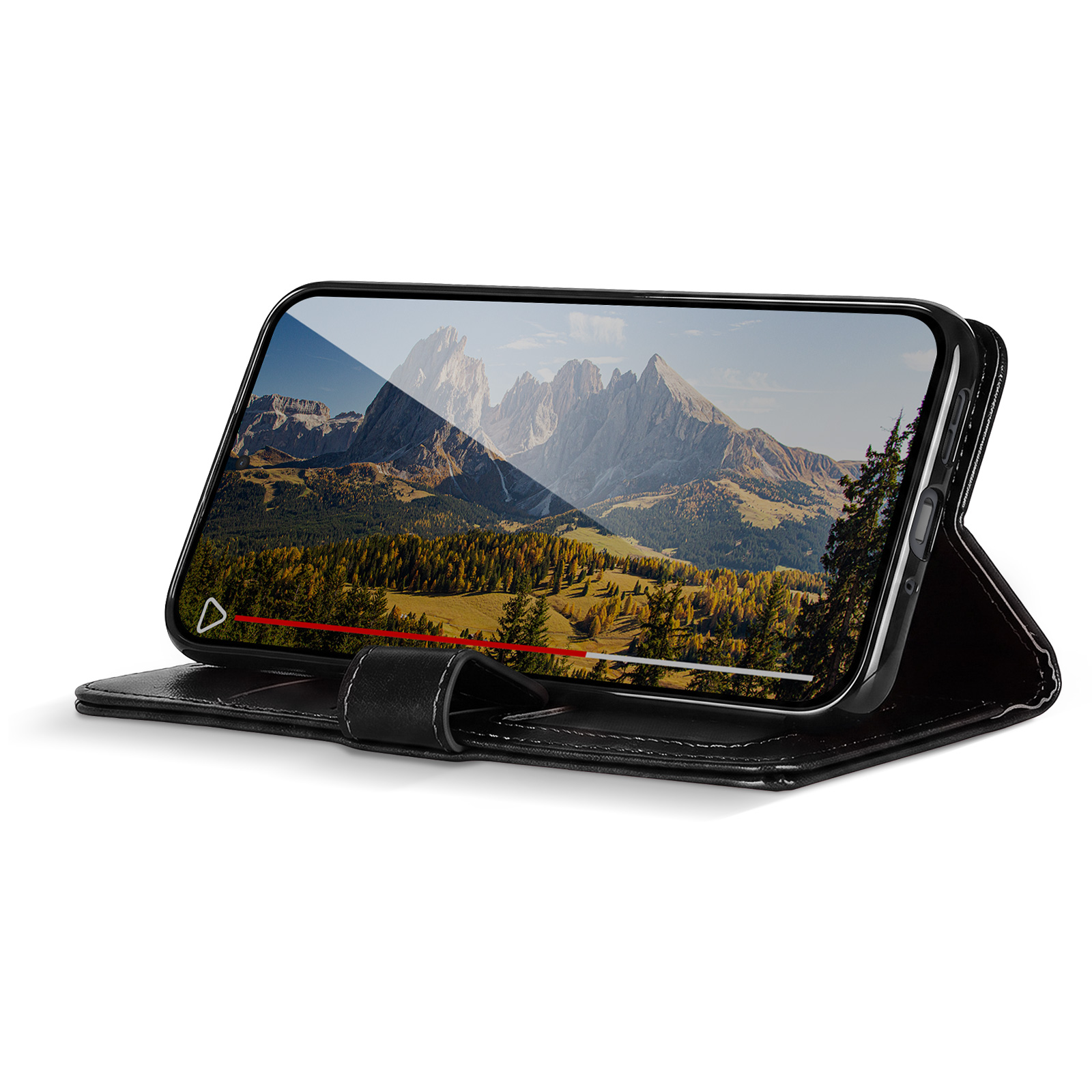 Ein schwarzes Smartphone in einer Leder-Hülle zeigt ein Berglandschafts-Video auf dem Bildschirm.