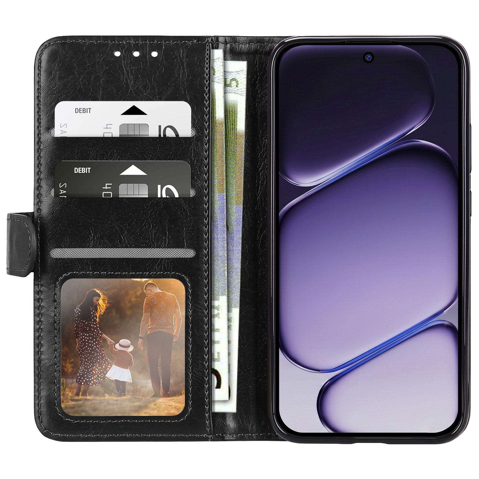 Ein schwarzes Smartphone-Lederetui mit Karten, Bargeld und Familienfoto, mit einem Handy mit violettem Bildschirm.