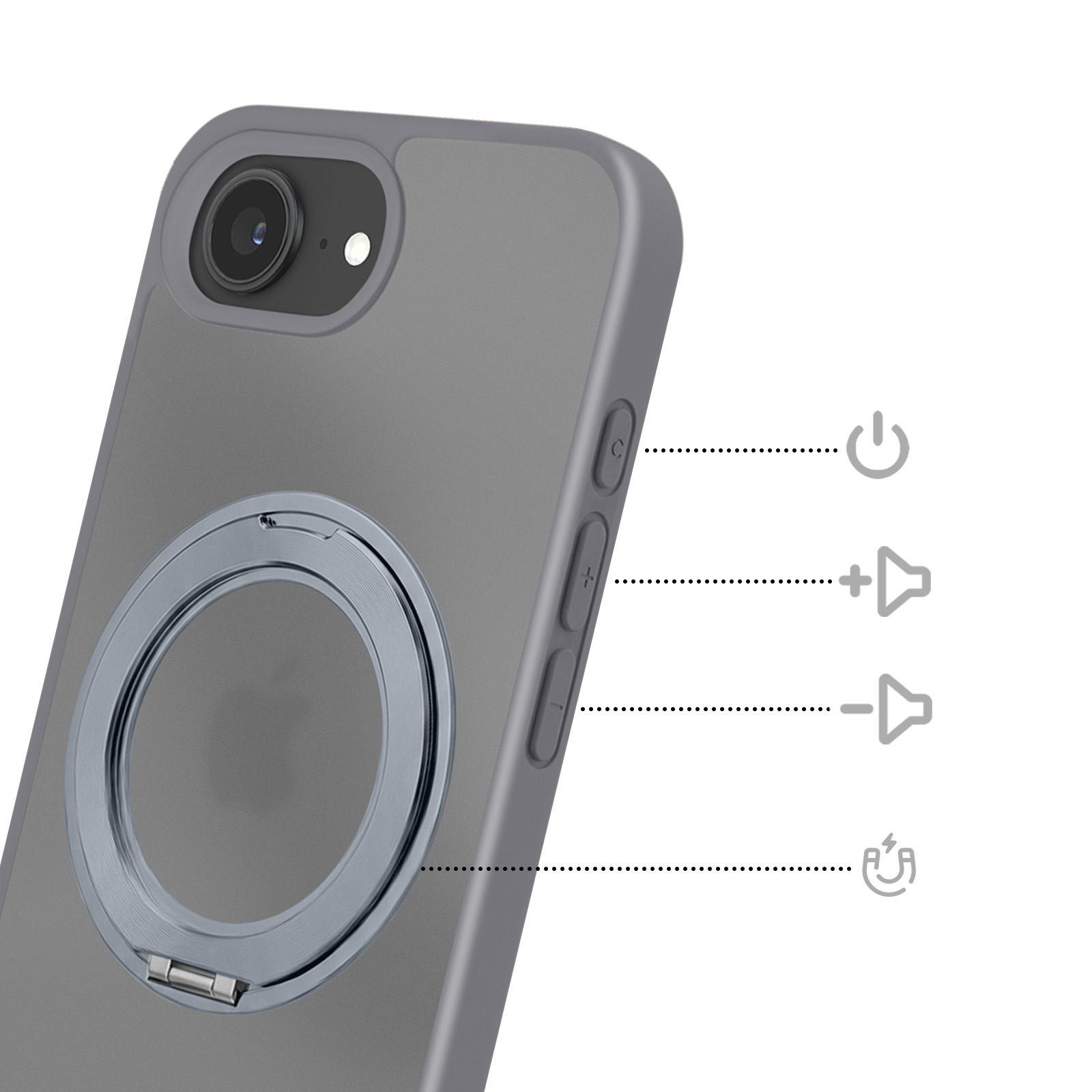 Graue Smartphone-Hülle mit MagSafe-Ring auf der Rückseite und Tastenbeschriftungen.