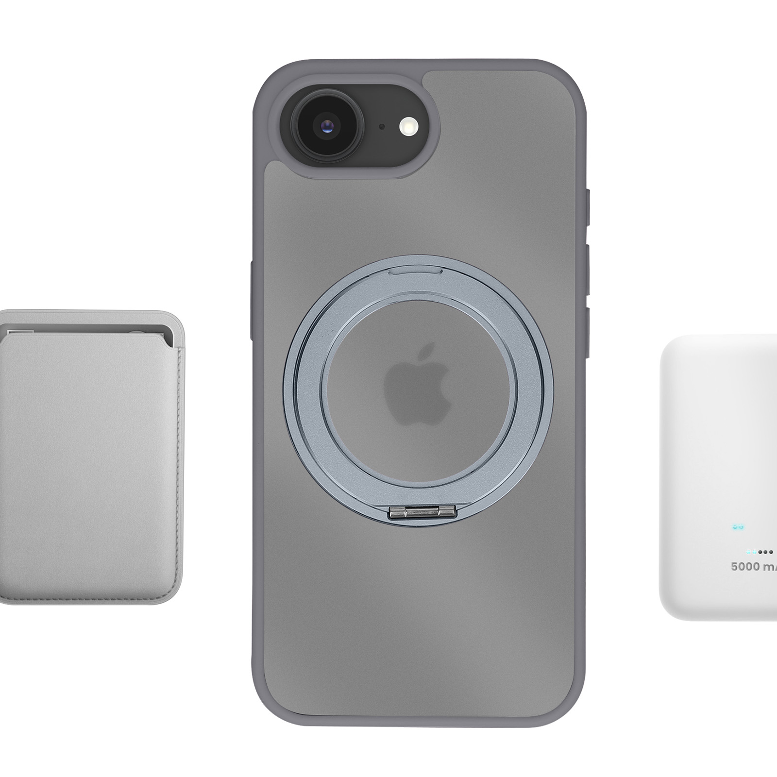 Ein graues Smartphone in einer Hülle mit Ringständer, flankiert von einer grauen Brieftasche und einer weißen Powerbank.