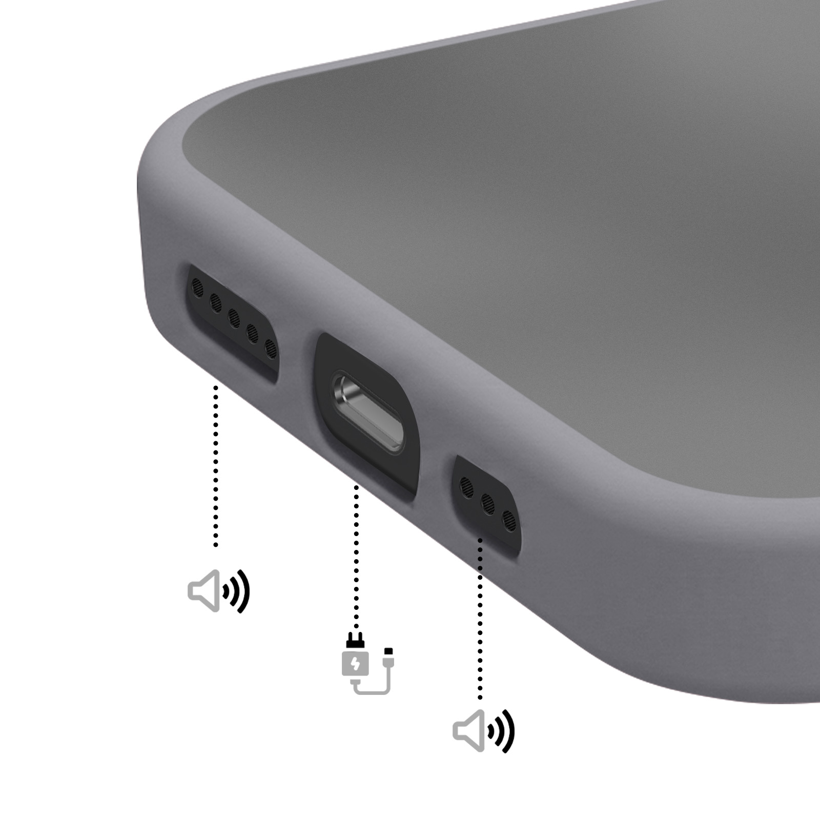 Unterseite eines grauen Smartphones mit Lautsprechern und Ladeanschluss, Diagramm zeigt Funktionen.