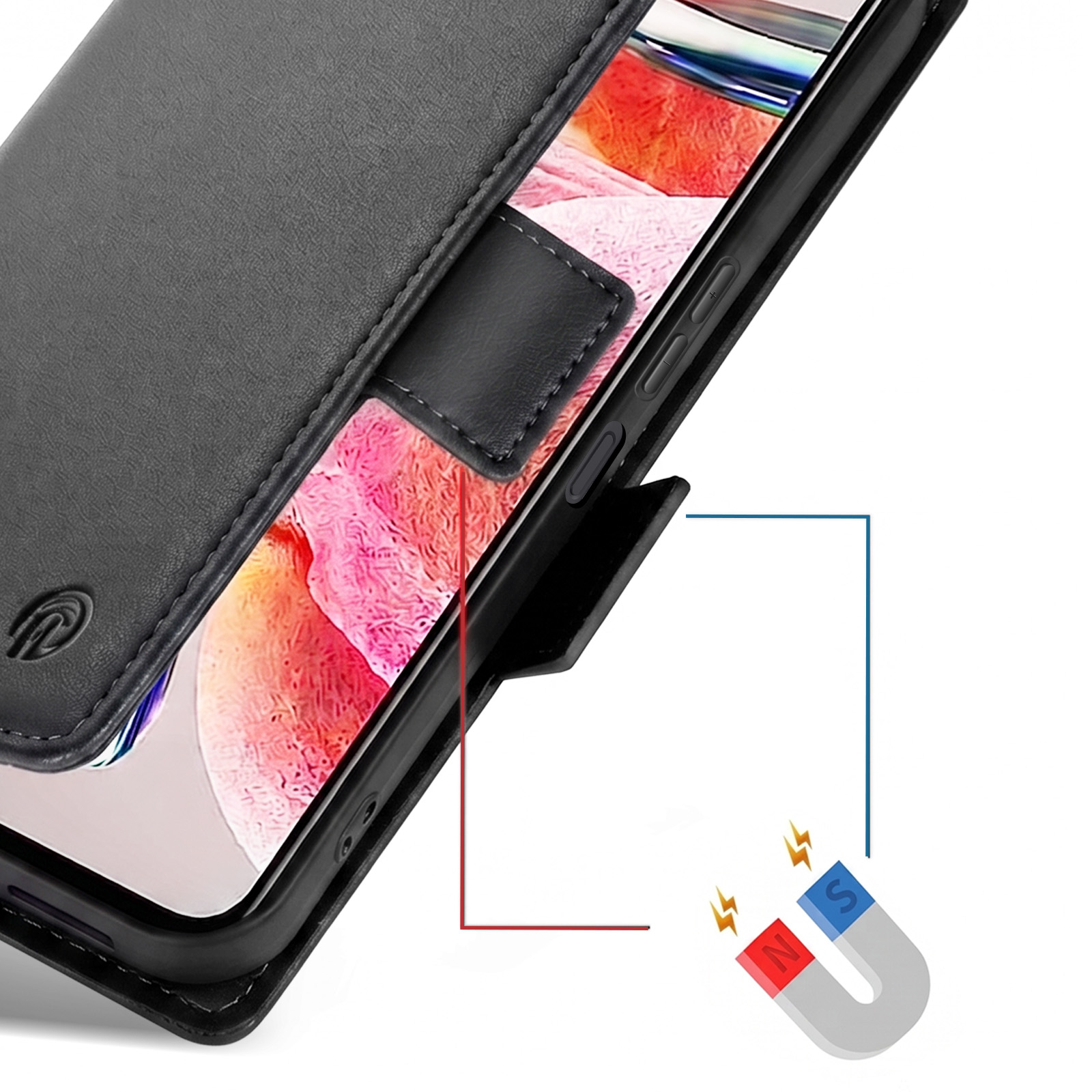 Schwarze Leder-Handyhülle mit Magnetverschluss und Smartphone, Diagramm zeigt Magneten.