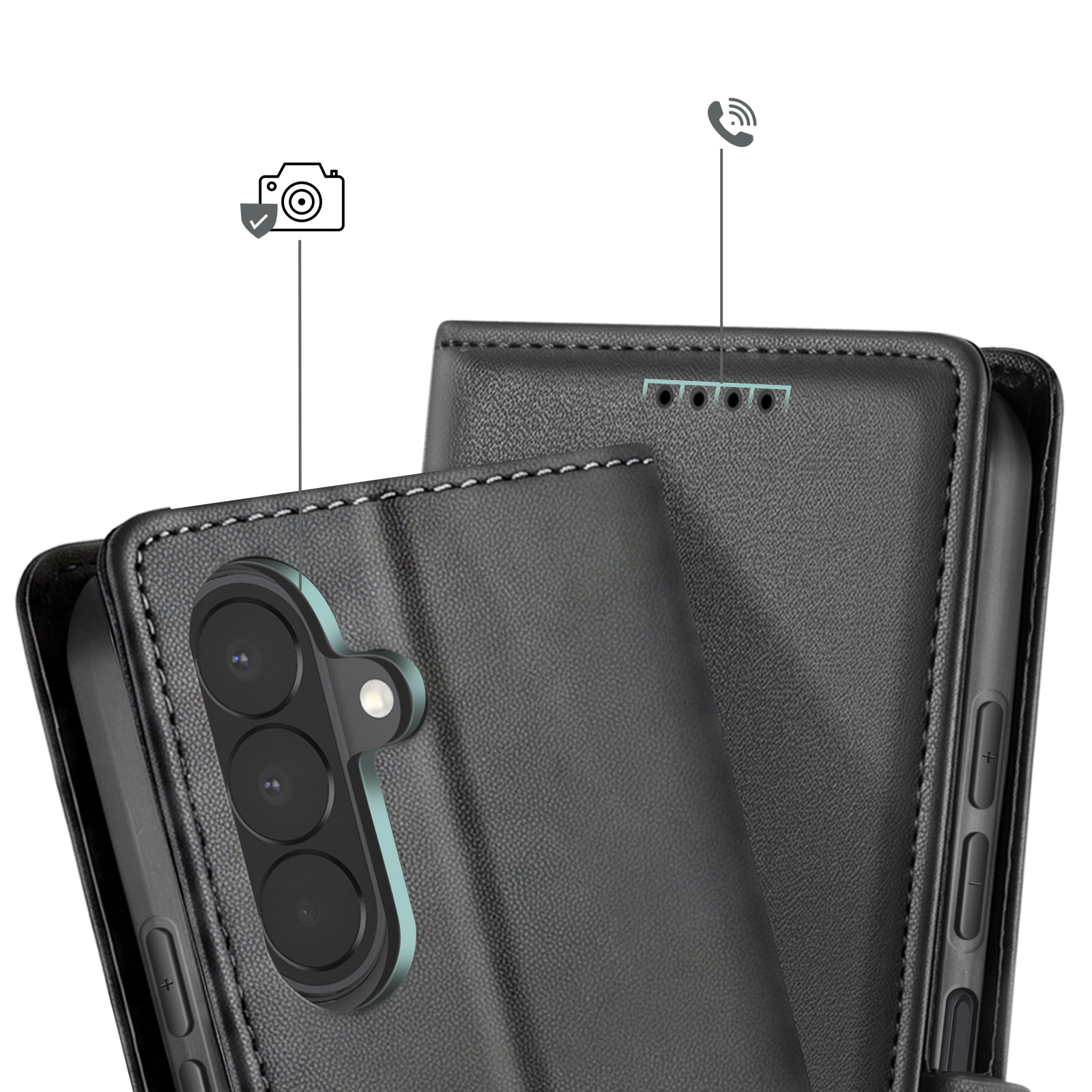 Schwarze Leder-Handyhülle mit Kameraaussparung und Telefonhörer-Symbol.