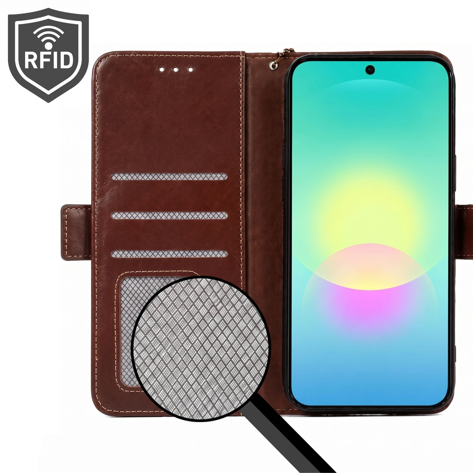 Braune Leder-Handyhülle mit RFID-Schutz, Kartenfächern und einem Smartphone mit hellem Display.