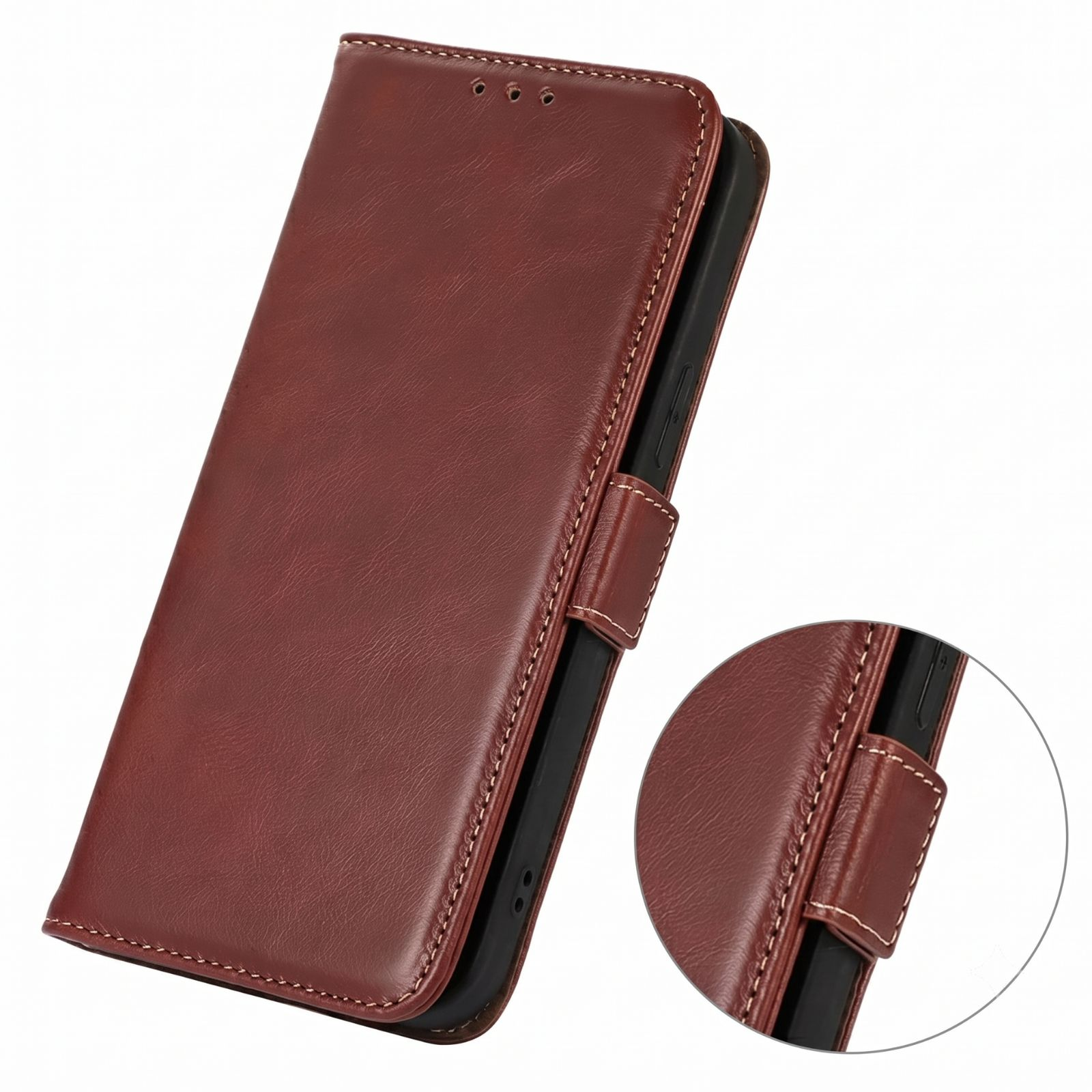 Braune Leder-Klapphülle für Smartphone mit sichtbaren Nähten und Magnetverschluss-Detail.