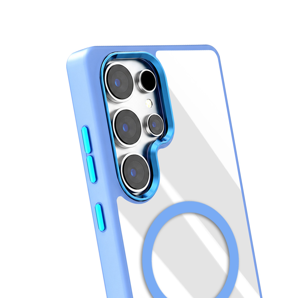 Blaue Smartphone-Hülle mit transparentem Rücken und Kamerarahmen vor weißem Hintergrund.
