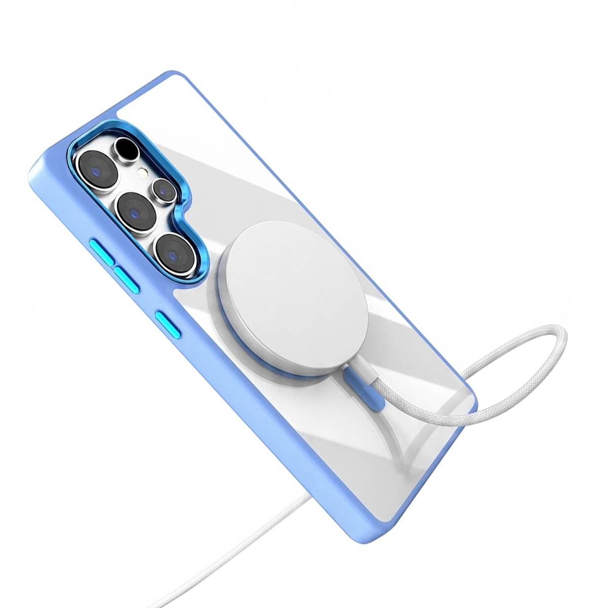 Ein Smartphone mit blauer Schutzhülle und runder weißer MagSafe-Ladestation auf der Rückseite.