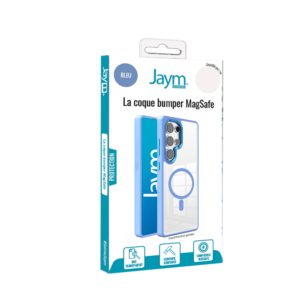 Verpackung einer blauen Jaym MagSafe Stoßstangen-Handyhülle auf weißem Hintergrund.