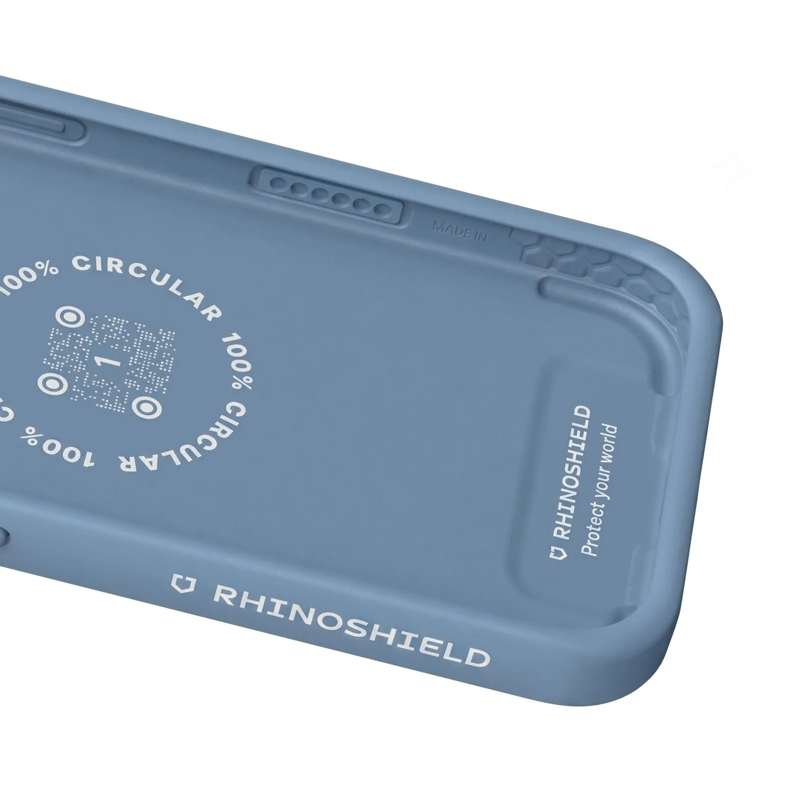 Innenseite einer blauen RhinoShield Schutzhülle mit Textmarkierungen und einem kreisförmigen Muster.