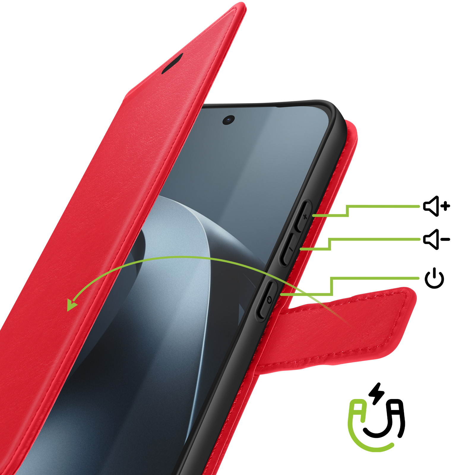 Ein rotes Smartphone-Flip-Case mit Magnetschließe, Lautstärketasten und Ein- und Ausschalter auf weißem Hintergrund.