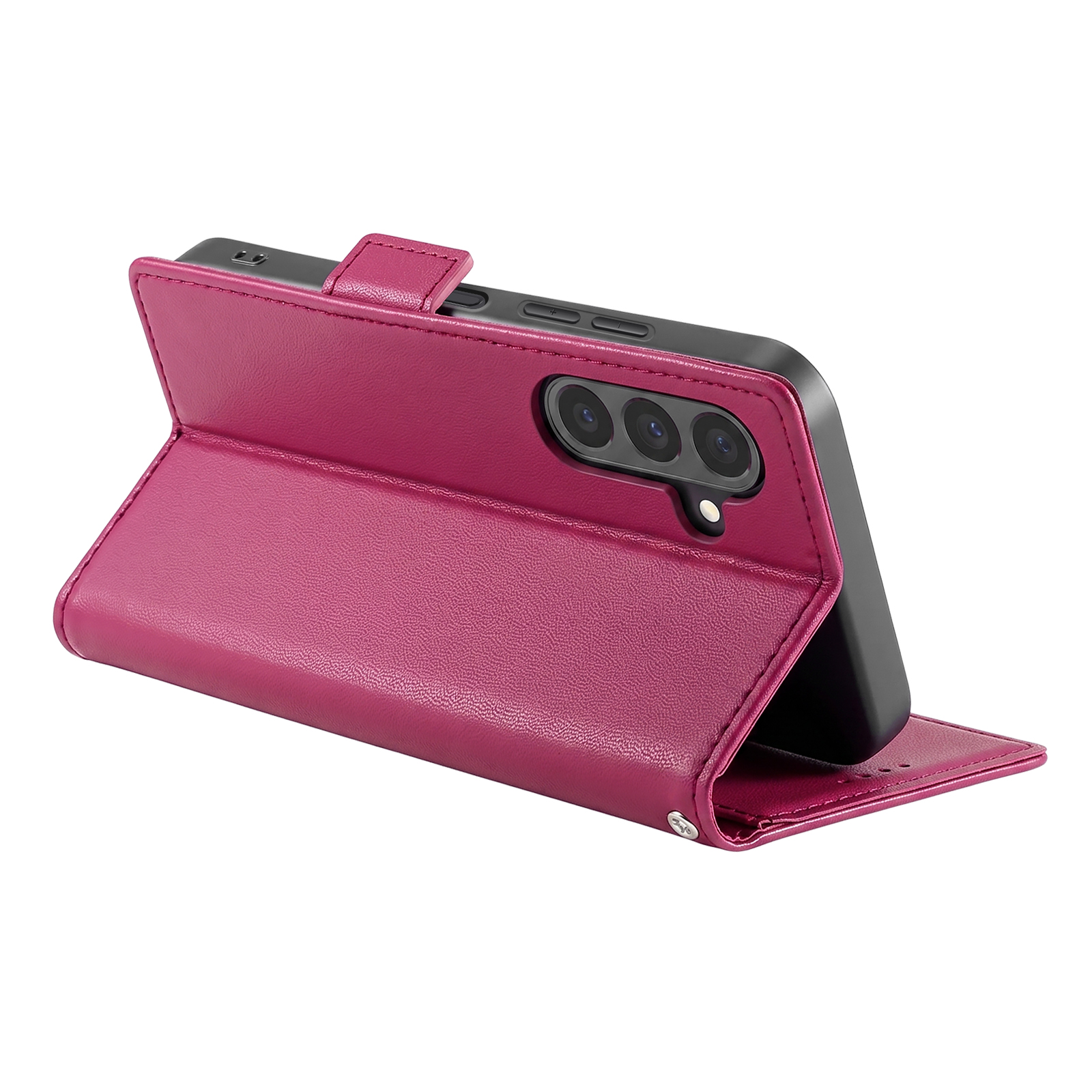 Ein Smartphone in einer magentafarbenen Leder-Brieftasche, aufrecht auf einer weißen Oberfläche.