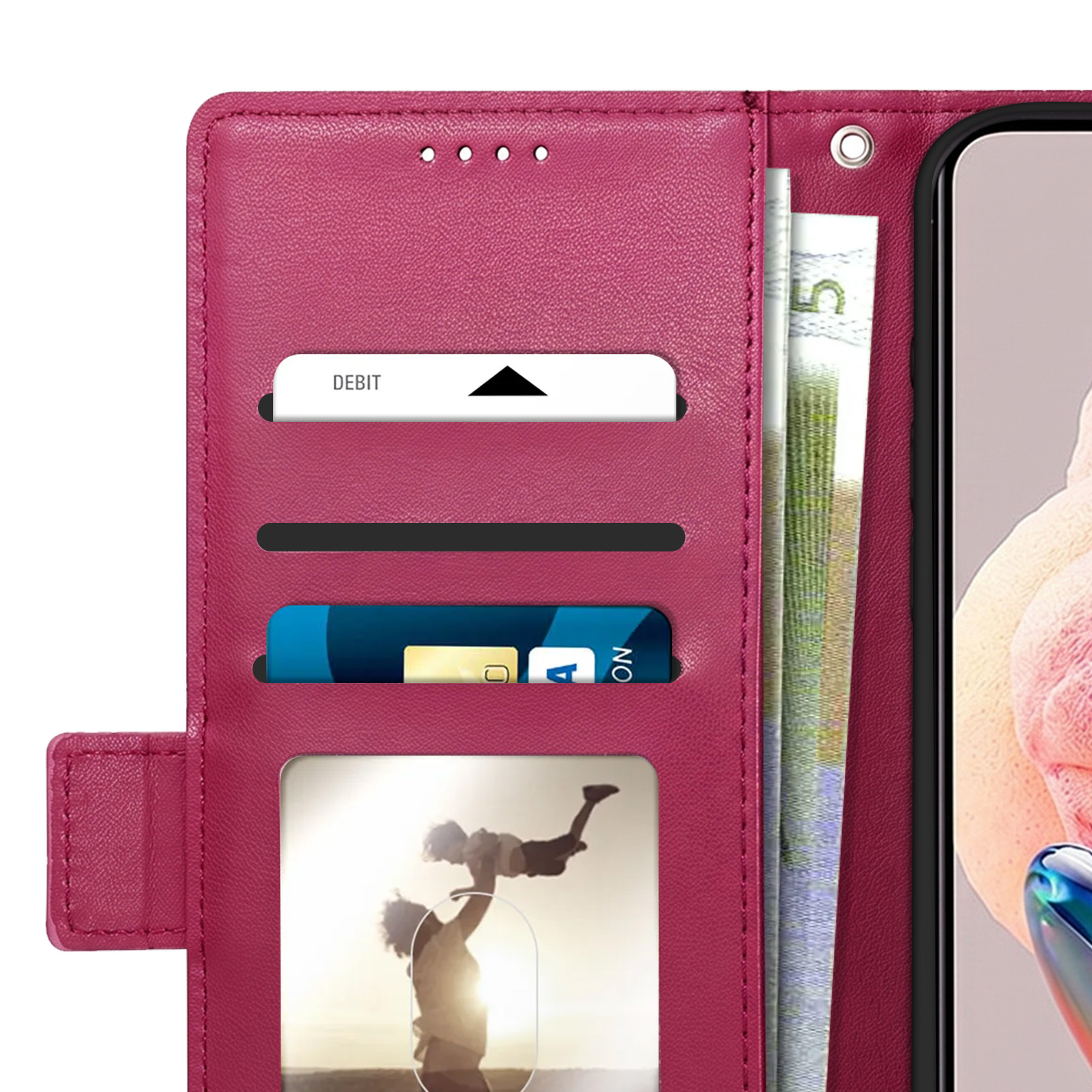 Eine pinkfarbene Handytasche aus Leder mit Kartenfächern, einem Fotofach und Bargeld.