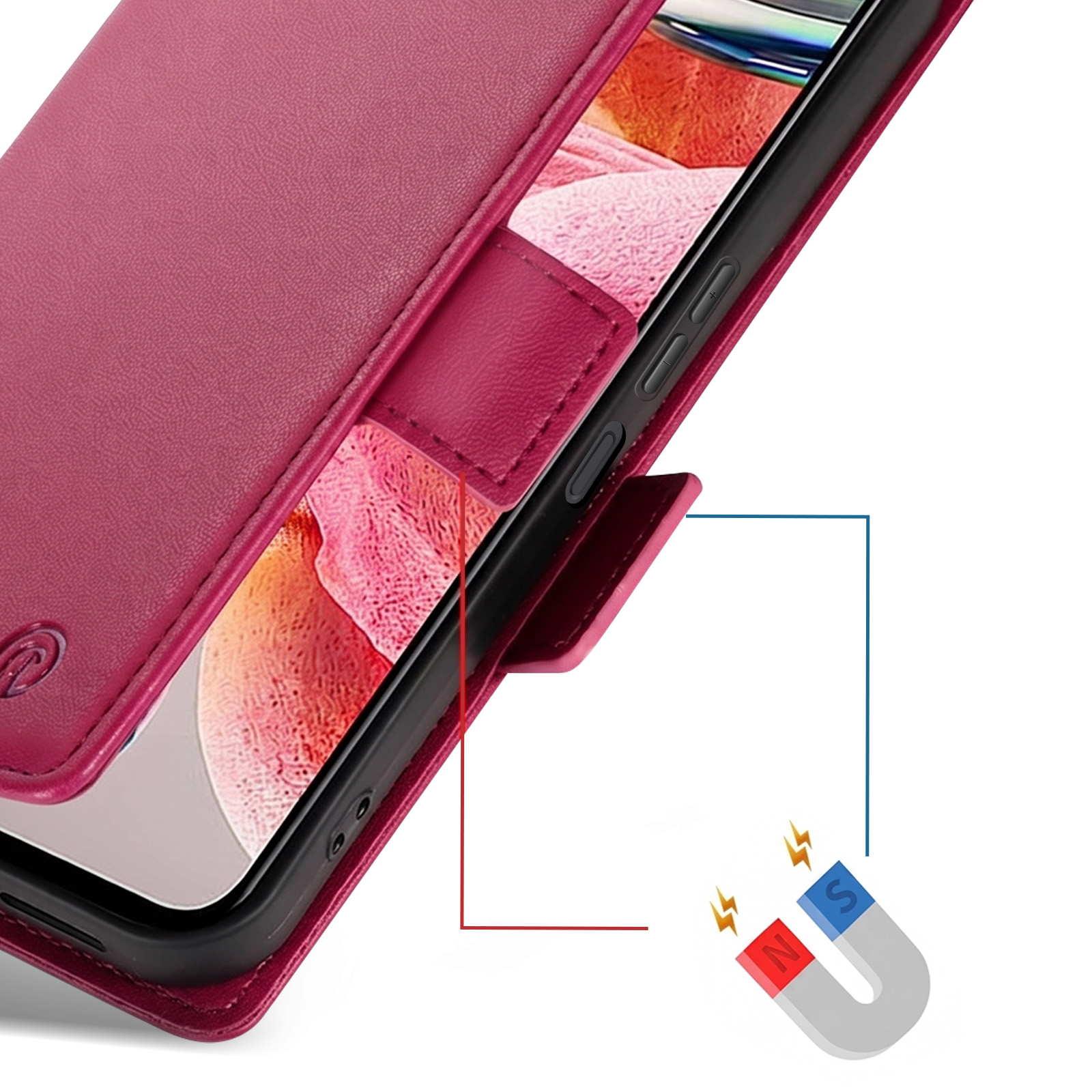 Eine pinke Lederschutzhülle mit Magnetverschluss geöffnet, rechts unten ein Hufeisenmagnet-Symbol.