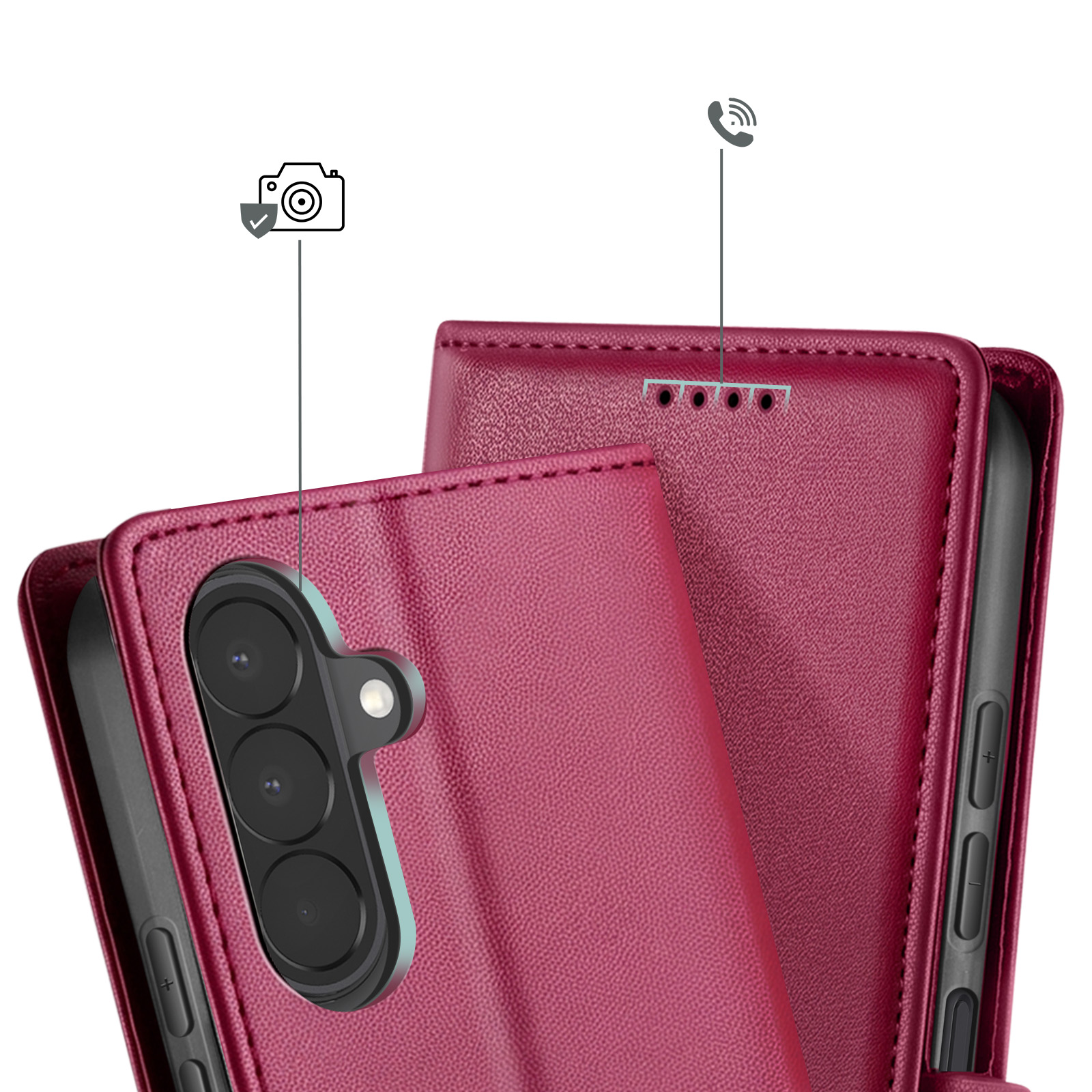 Rote Leder-Handyhülle mit Kameraaussparung und Gesprächsfunktion-Symbol.