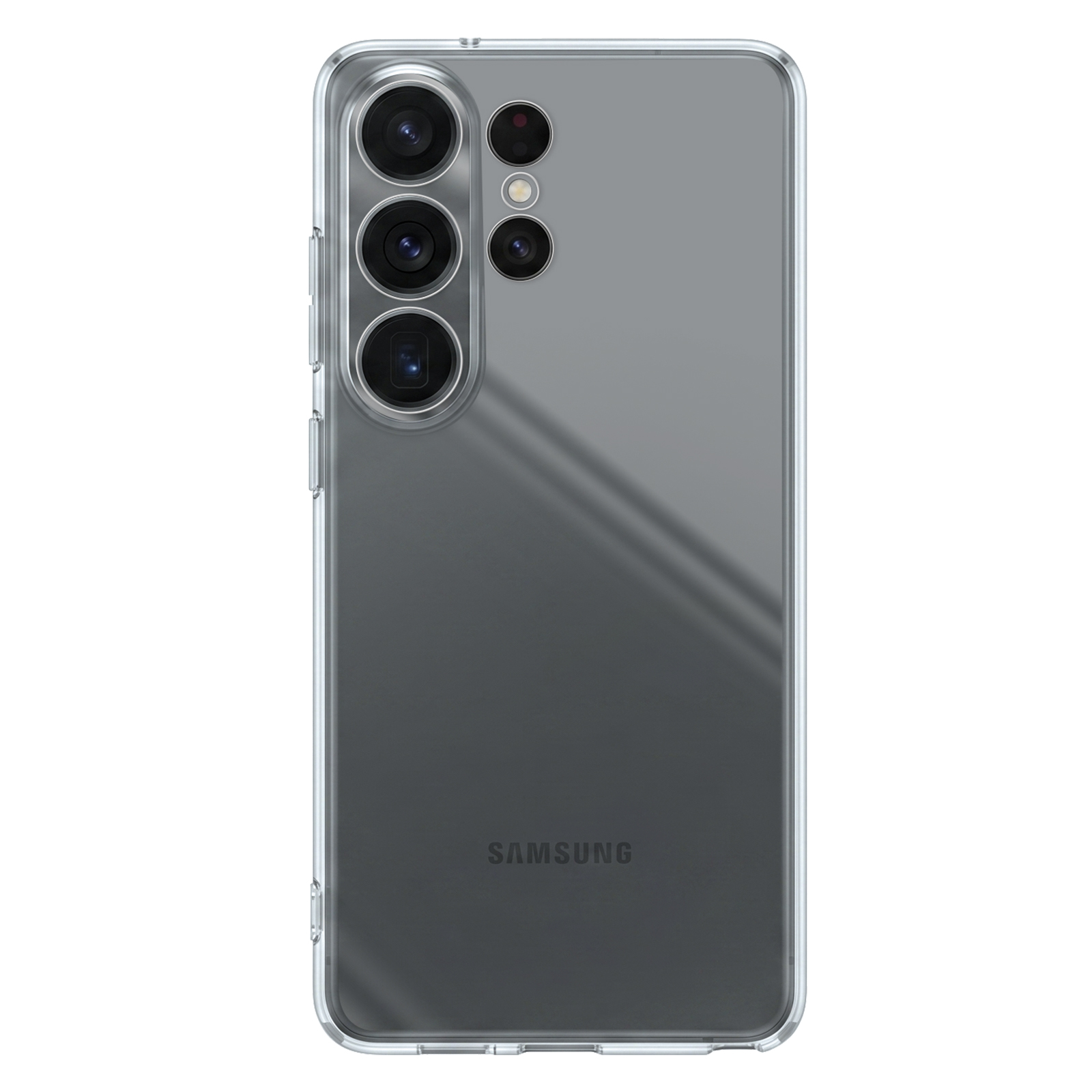 Rückseite eines grauen Smartphones in einer transparenten Hülle mit vier Kameralinsen und Samsung-Logo.