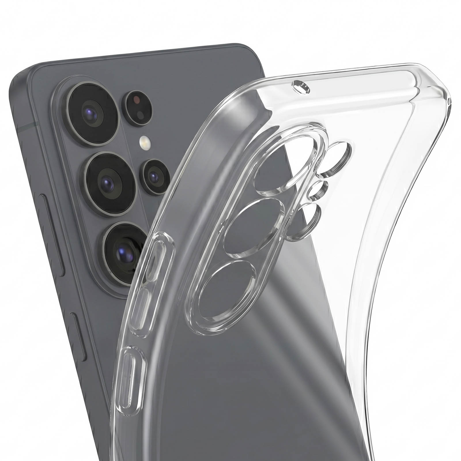 Ein graues Smartphone mit Kamera und einer durchsichtigen Schutzhülle, die daneben positioniert ist.