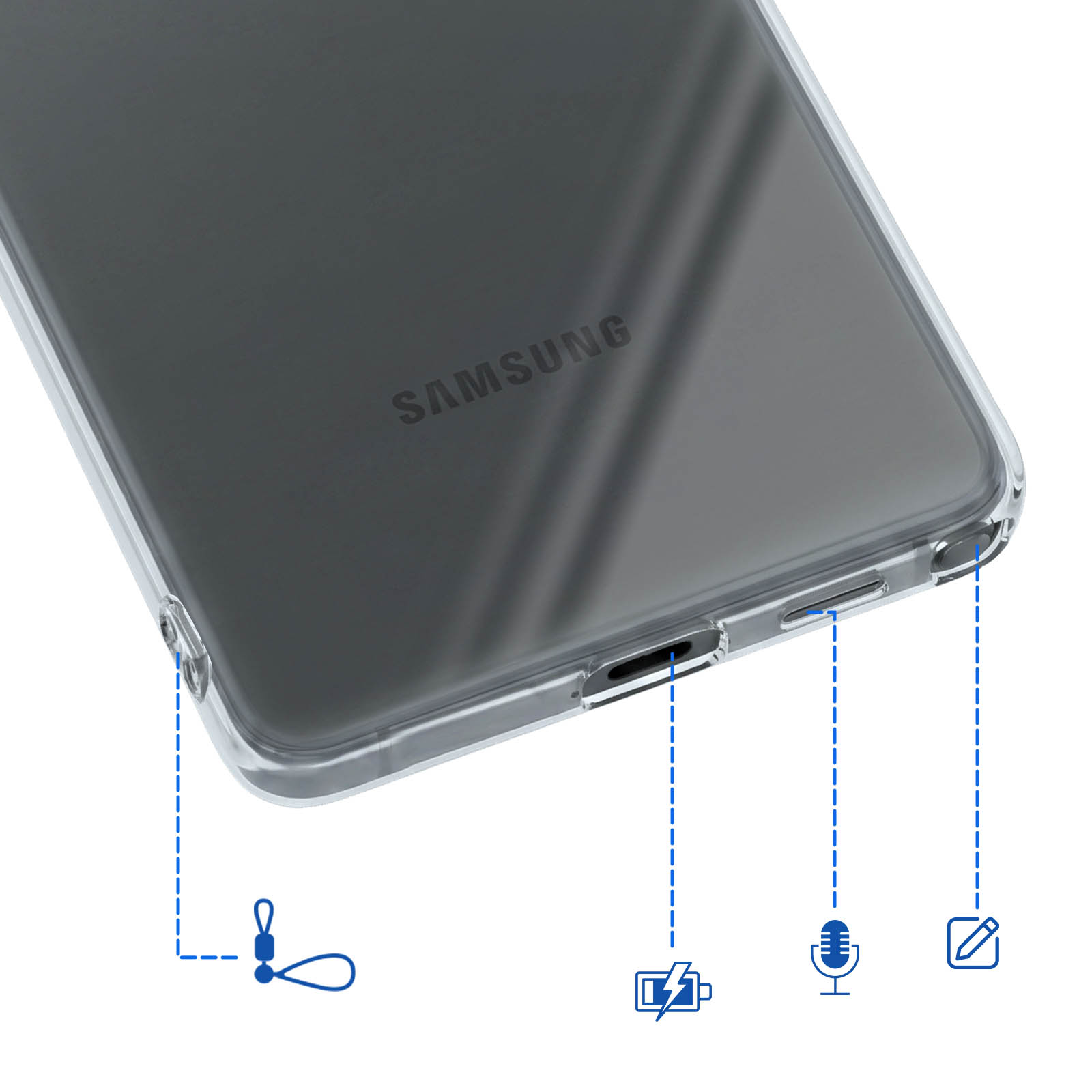 Unterseite eines Samsung-Smartphones mit transparenter Schutzhülle und blauen Symbolen für Anschlüsse.