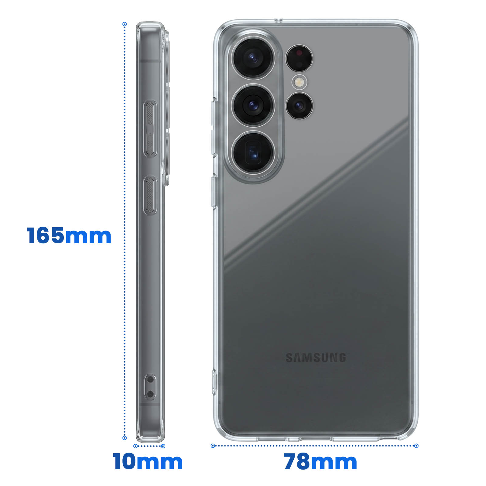Smartphone in klarer Hülle mit Maßen 165mm, 10mm und 78mm.