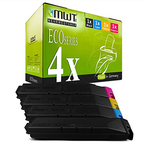 Eine grüne MWT Eco Series Tonerbox mit vier Tonerkartuschen in Schwarz, Cyan, Gelb und Magenta.