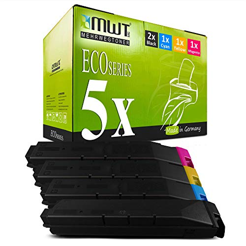 Fünf Druckerpatronen vor einer grünen EcoSeries Kartonverpackung.