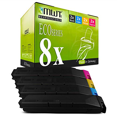Grüne MWT EcoSeries Tonerbox mit acht Druckerpatronen in Schwarz, Cyan, Gelb und Magenta davor.
