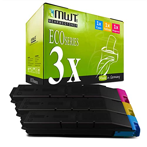 Eine grüne MWT EcoSeries Tonerschachtel mit drei schwarzen Tonerkartuschen davor in Cyan, Gelb und Magenta.