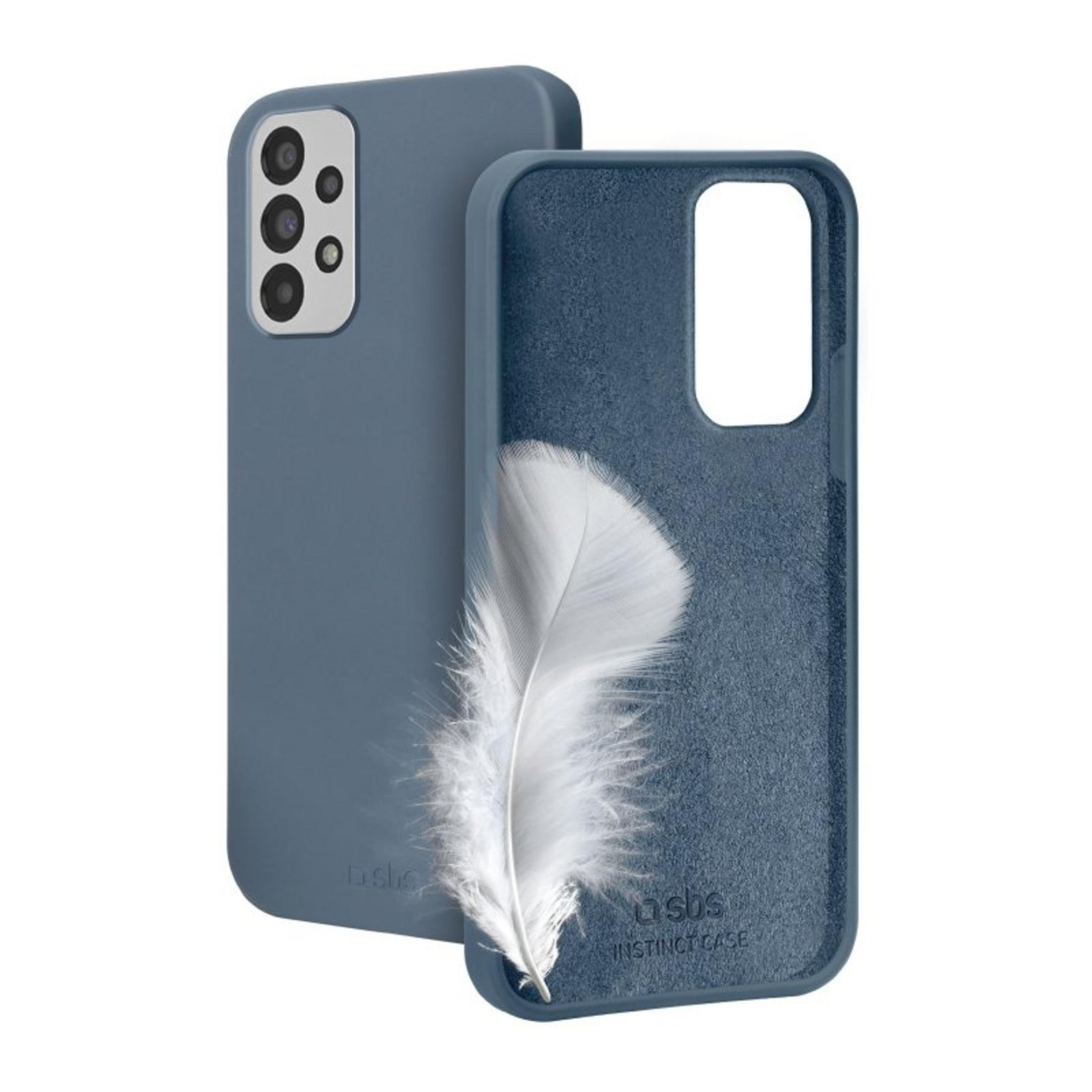 Funda de smartphone azul con forro suave y una pluma blanca.