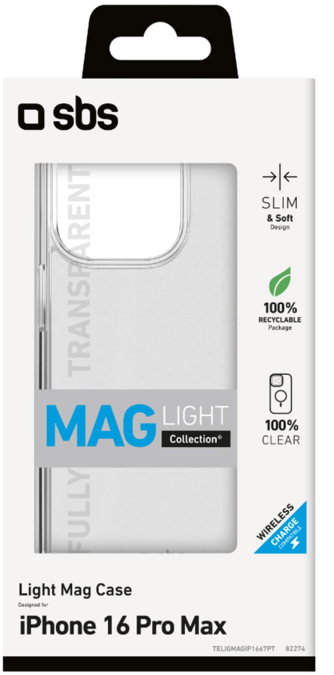Produktverpackung für SBS Light Mag Case für das iPhone 16 Pro Max mit klaren Produktdetails.