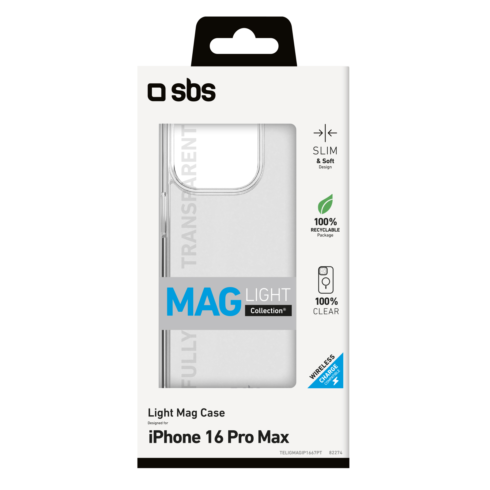 Weiße SBS Verpackung für iPhone 16 Pro Max Mag Light Hülle mit Symbolen für slim, recycelbar und wireless charge.
