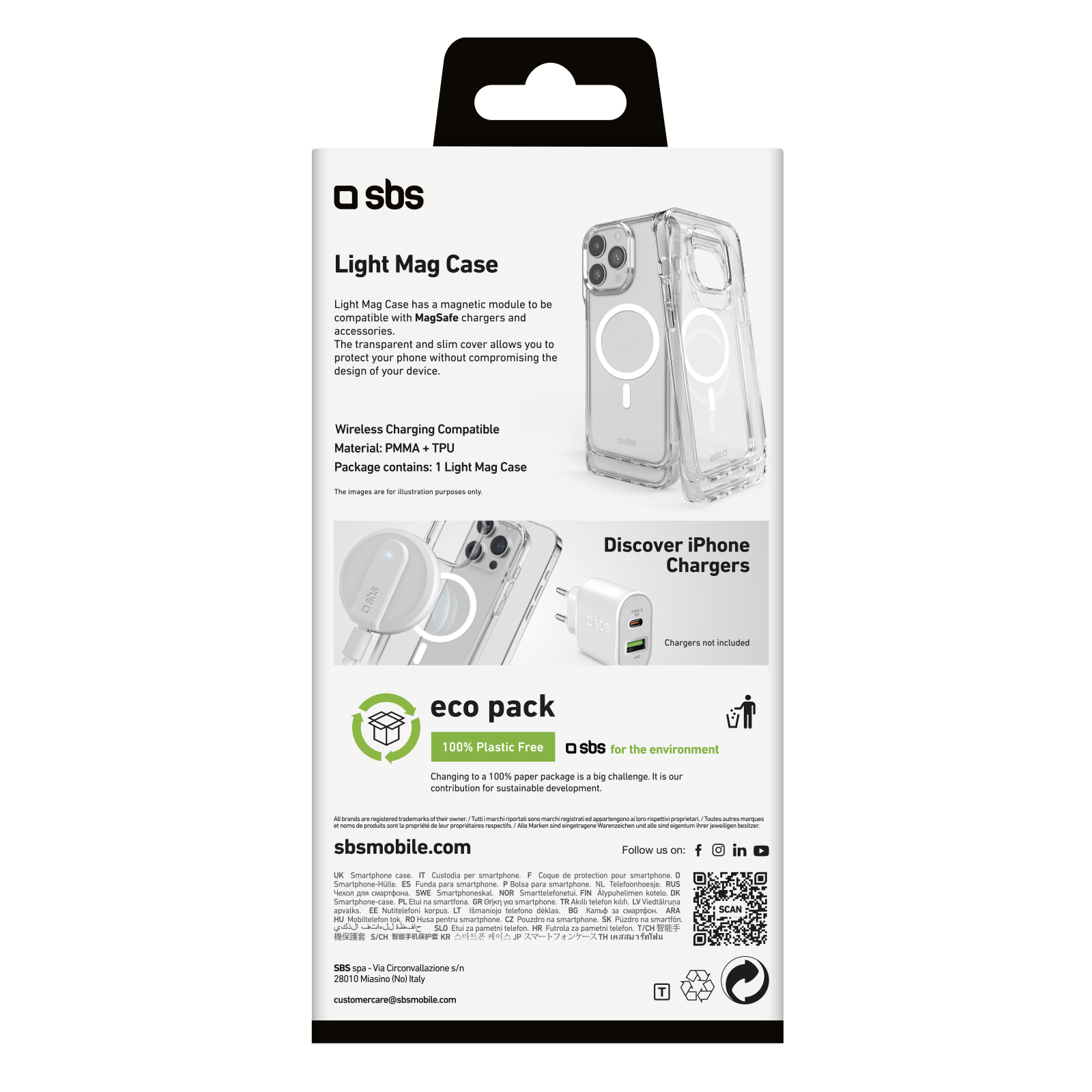 Verpackung der transparenten SBS Light Mag Handyhülle mit MagSafe-Kompatibilität und umweltfreundlichem Design.