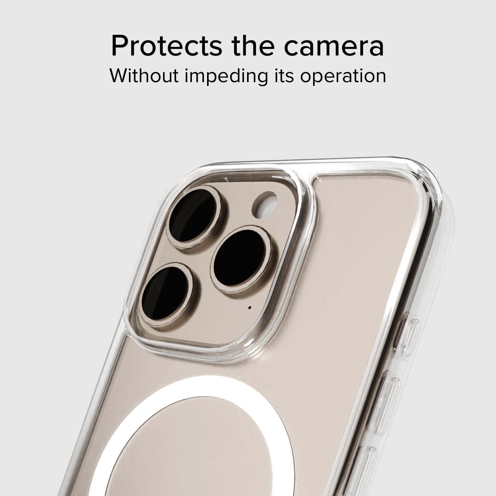 Transparente Handyhülle mit erhöhtem Rahmen um die Kamera und MagSafe-Ring.