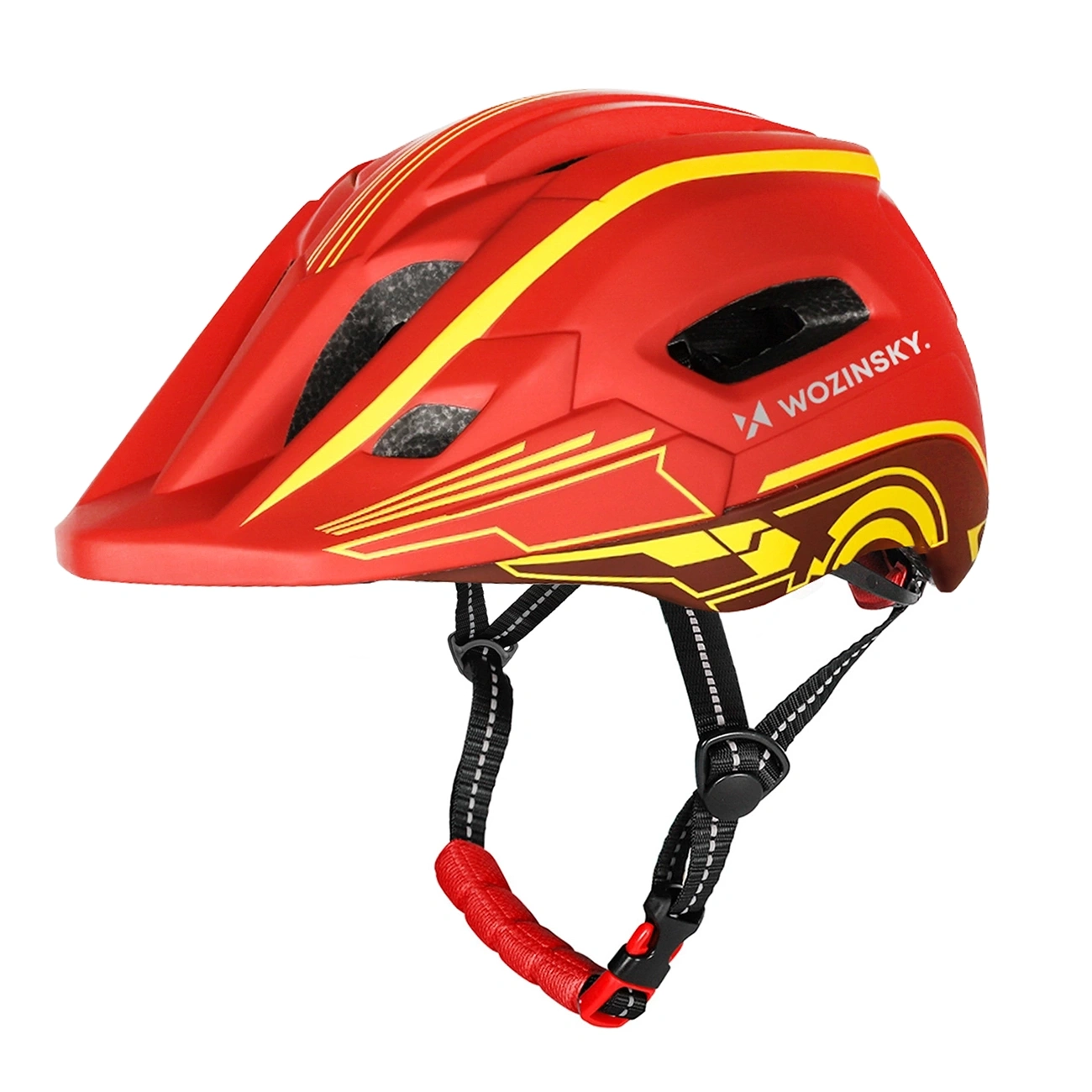 Casco da ciclismo rosso con strisce gialle, fessure di ventilazione, cinturini neri e logo Wozinsky, su sfondo bianco.