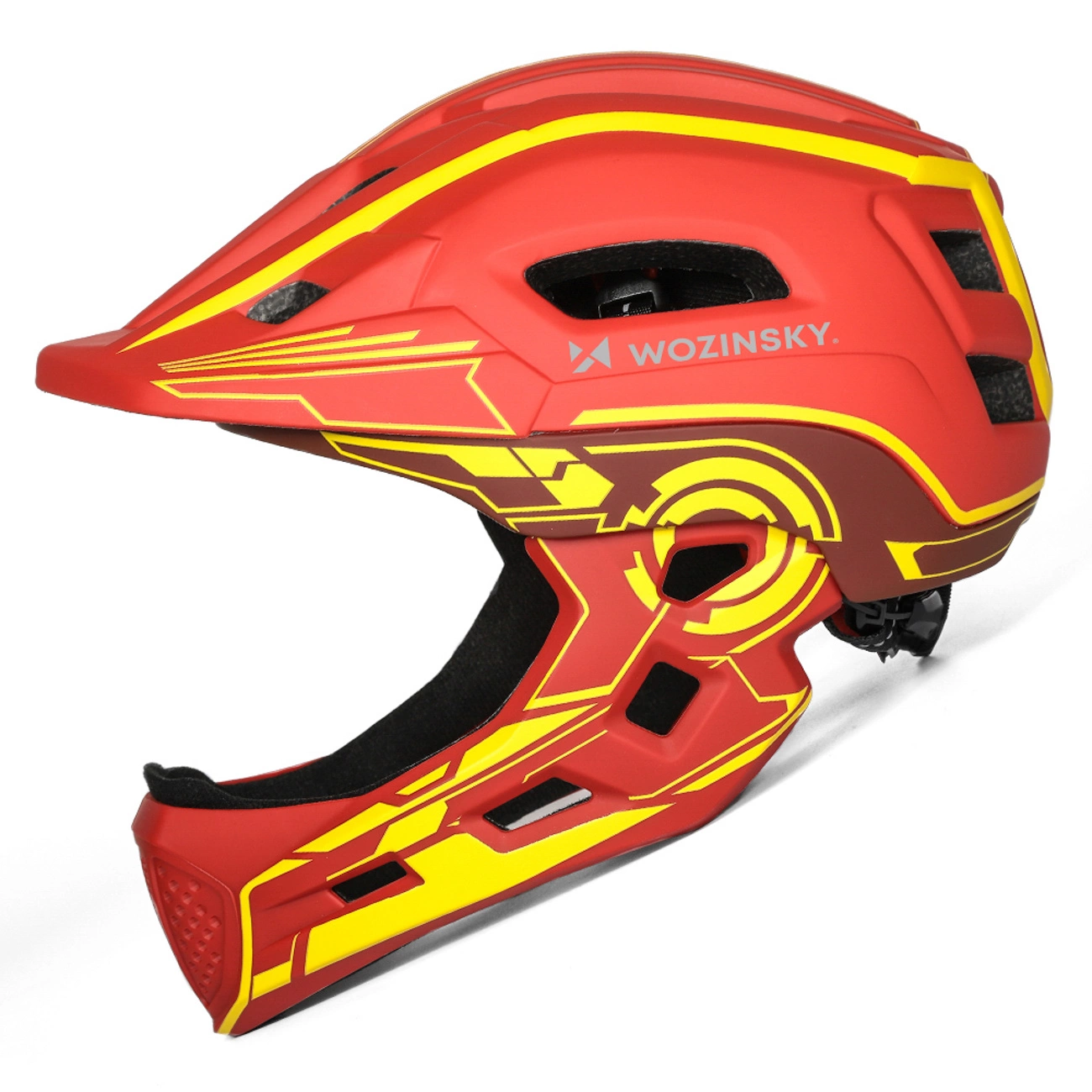 Un casco da ciclismo integrale rosso e giallo con fessure di ventilazione e il logo Wozinsky.