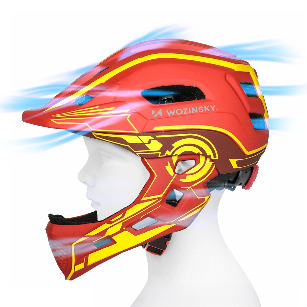 Un casco da bicicletta integrale rosso con grafiche gialle su un manichino bianco, con linee di flusso d'aria blu.