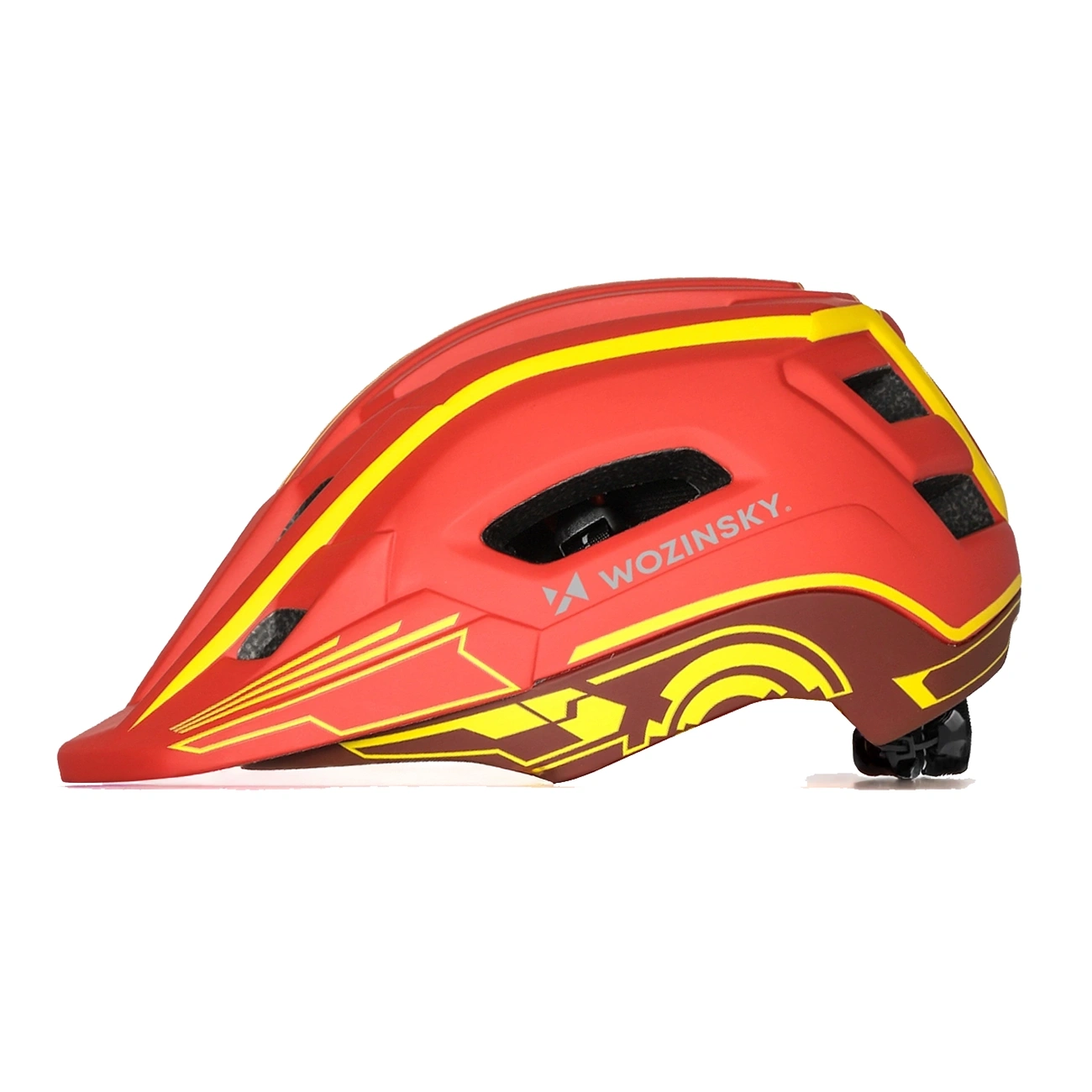 Un casco da bicicletta rosso e marrone con strisce gialle e il logo Wozinsky, visto di lato su sfondo bianco.
