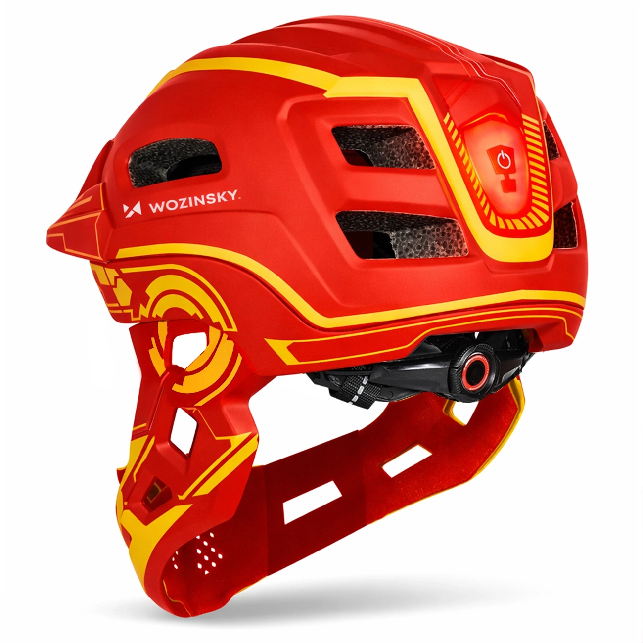 Un casco da bicicletta Wozinsky rosso e giallo con mentoniera e illuminazione.