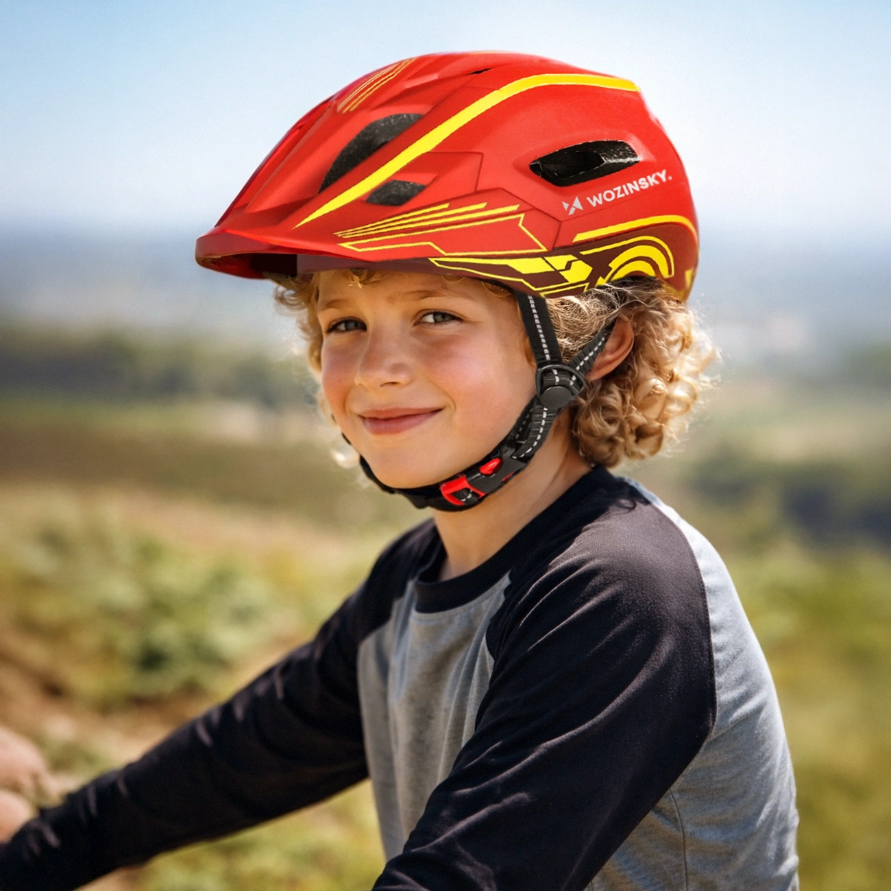 Un bambino riccio con un casco da bici rosso e una maglia nera e grigia sorride alla camera.