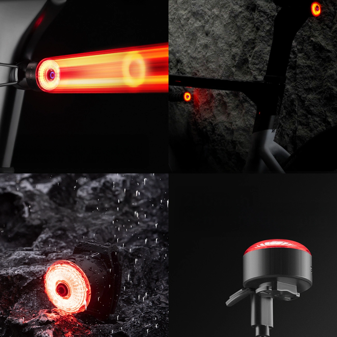 Quattro immagini di una luce posteriore a LED rossa per bicicletta in varie scene, tra cui pioggia e movimento.
