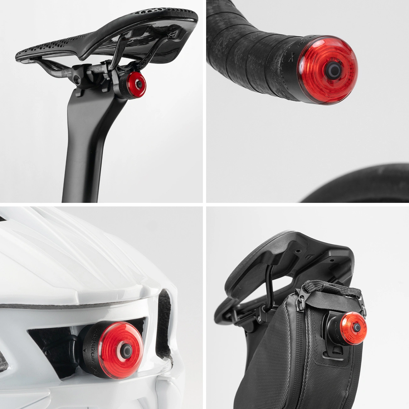 Quattro immagini mostrano una piccola luce rossa da bici montata su sella, manubrio, casco e borsa.