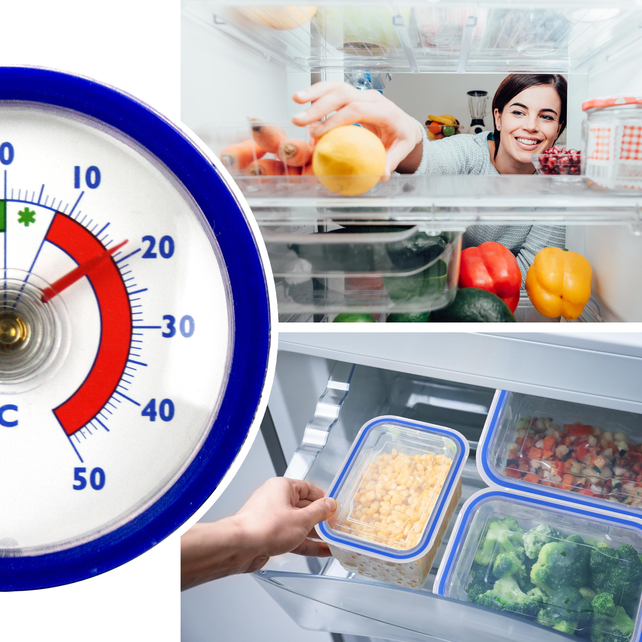 Ein Thermometer zeigt Wärme an, während eine Frau Lebensmittel im Kühlschrank sortiert und Behälter lagert.