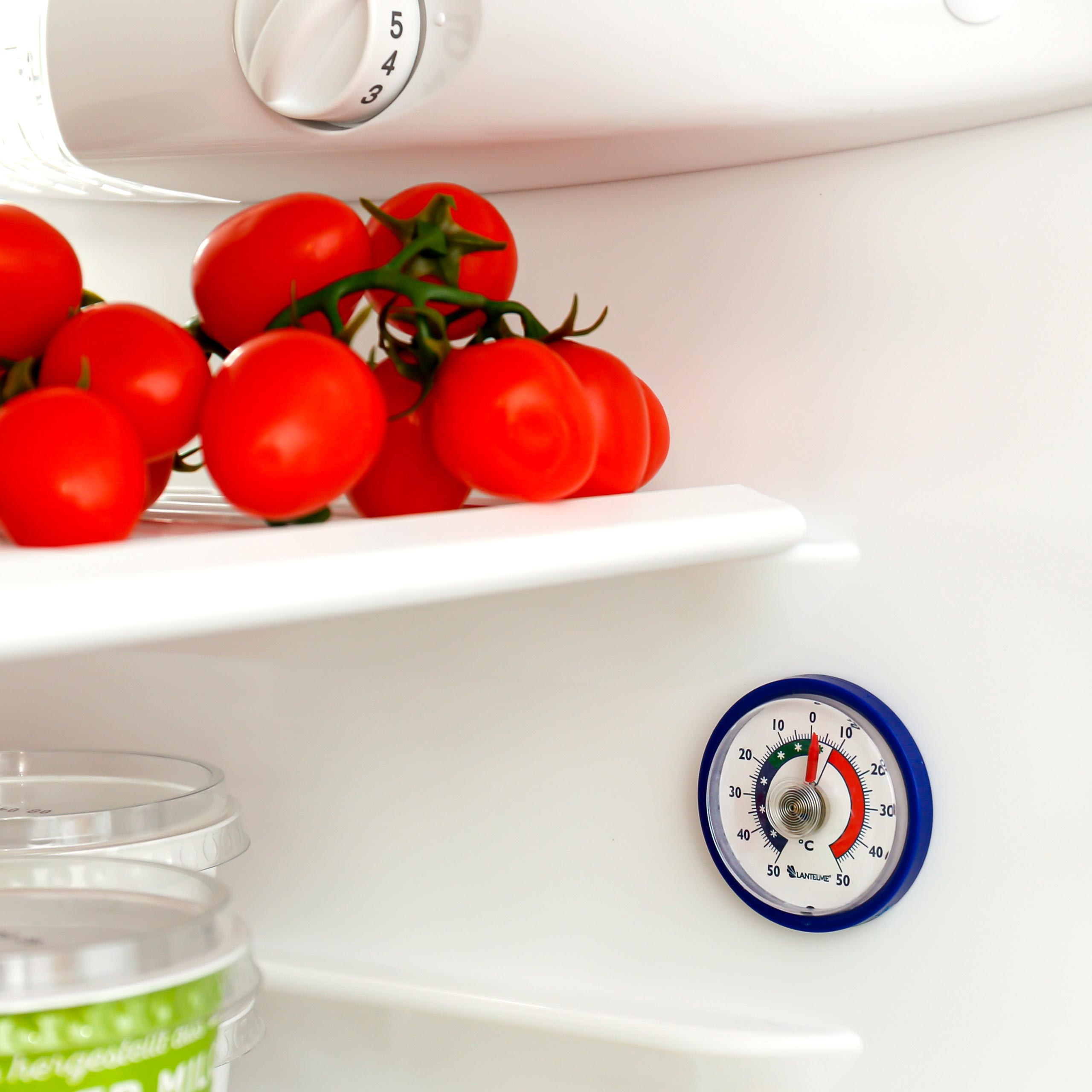 Frische Tomaten auf dem Kühlschrankregal und ein blaues Thermometer an der Wand.